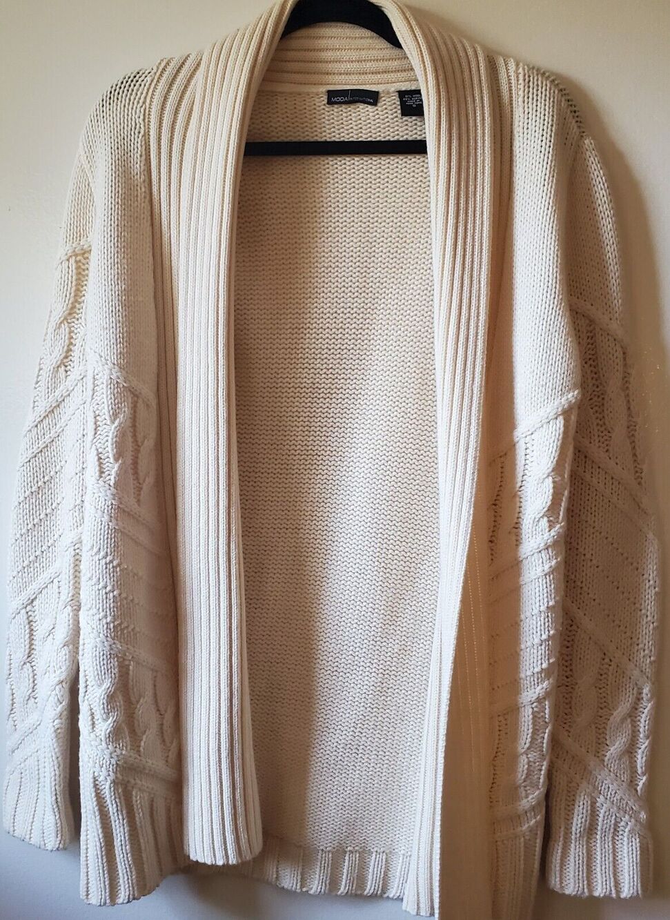 Moda International S Ivory Cardigan Sweater Coat Fisherman Cable Knit Soft Cozy